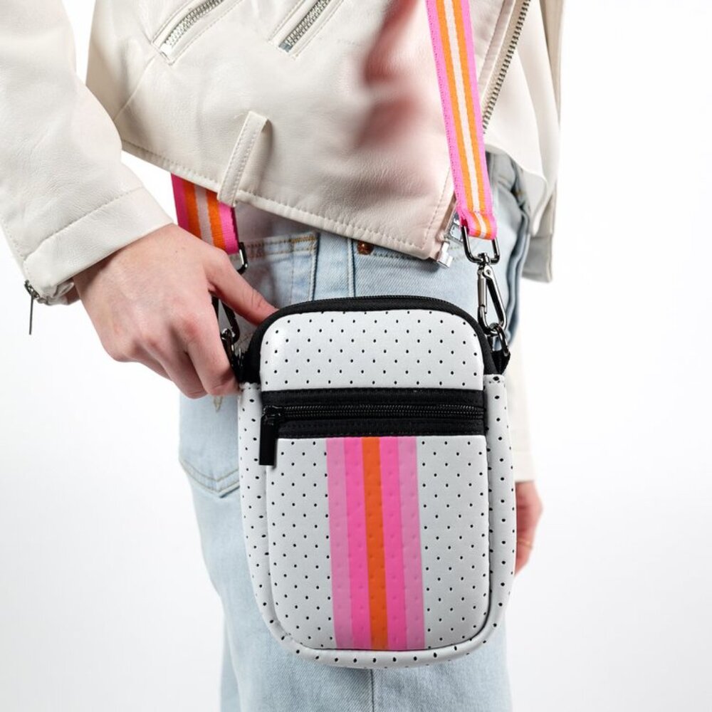 Parker & Hyde Neoprene White and Pink Stripe Cellphone Bag